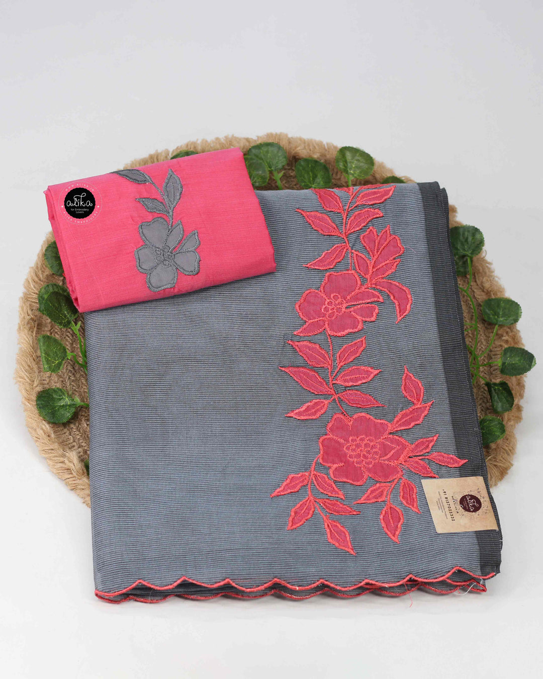 Gray Kota Saree with Floral Applique Work