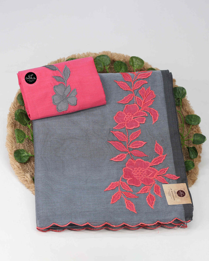 Gray Kota Saree with Floral Applique Work