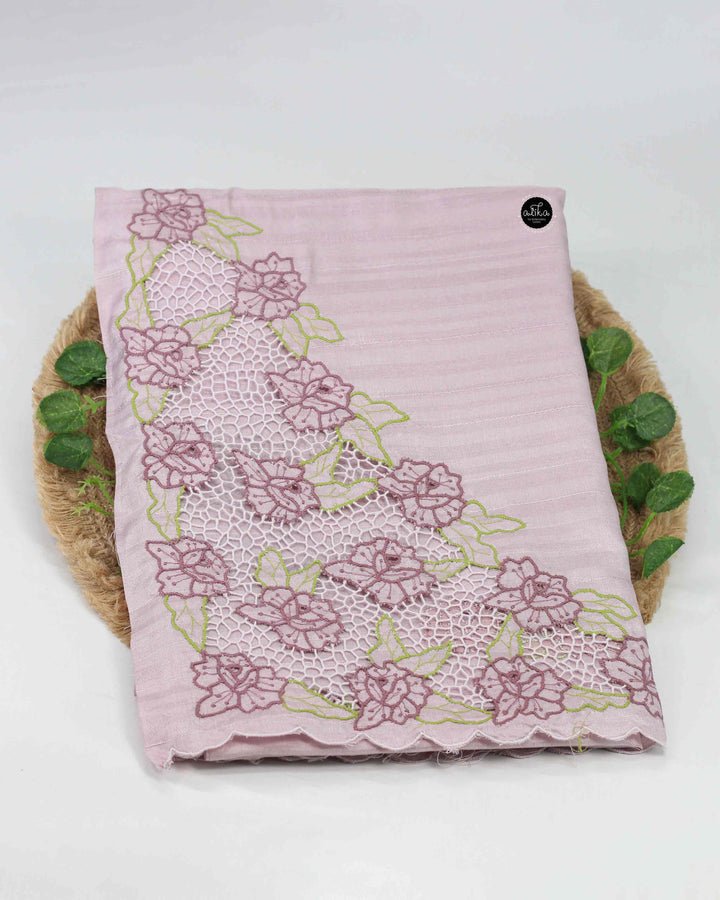 Lavender Semi Silk Saree with Floral Cutwork Embroidery