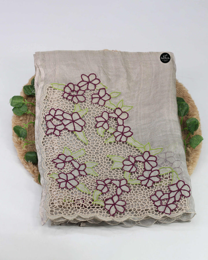 Pure Silver Tissue Saree with Purple Floral Twine Cutwork