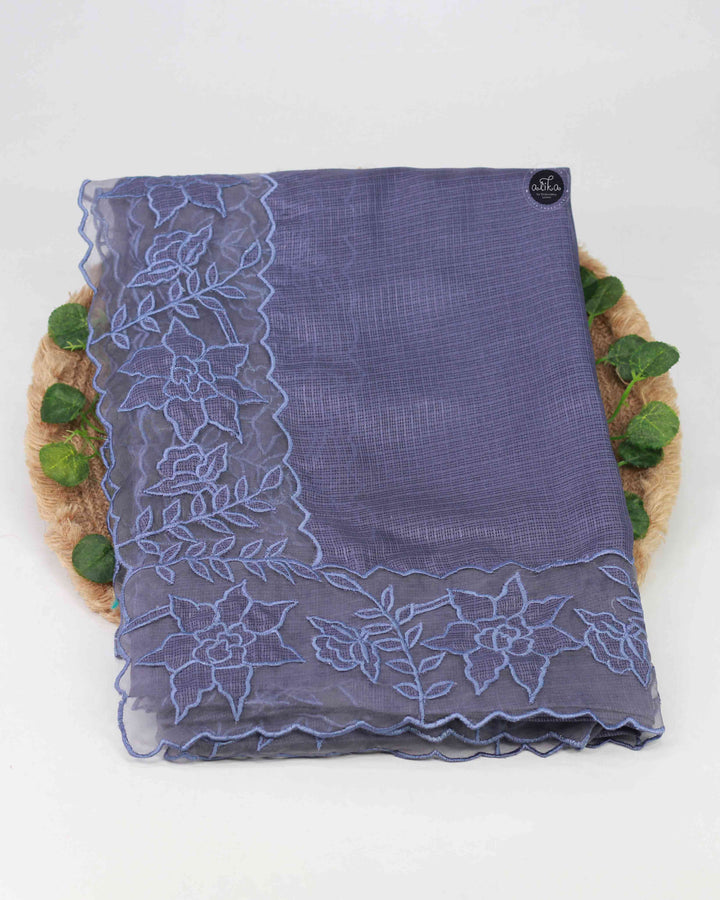Gray Blue Silky Kota Saree with Floral Organza Applique Border