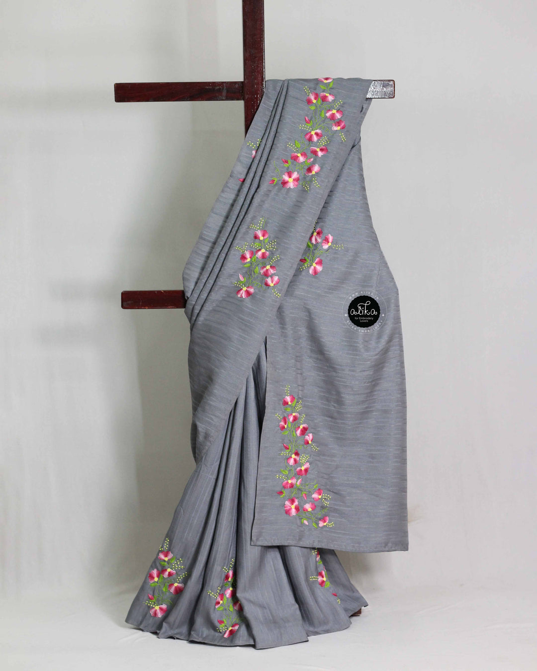 Gray Semi Silk Saree with Floral Hand Embroidery