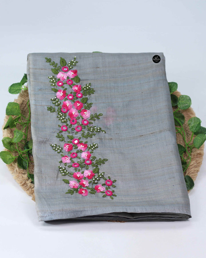 Ash Blue Tussar Silk Saree with Floral Hand Embroidery and Mirror Work