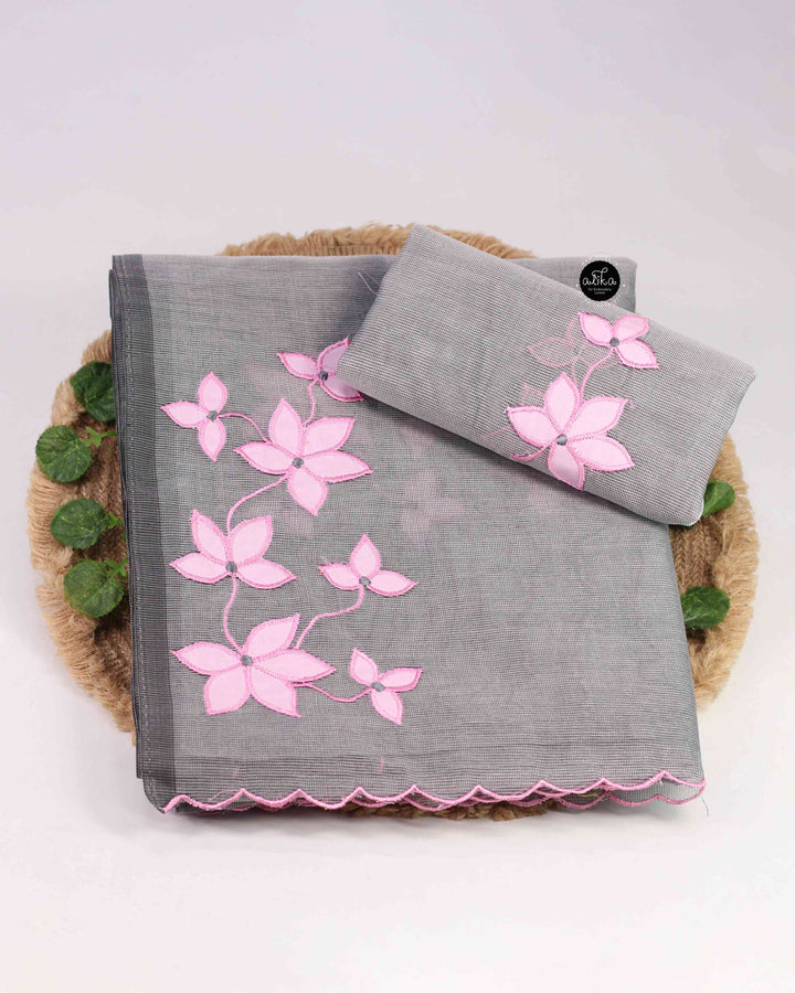 Light Gray Kota Saree with Floral Appliqué Work