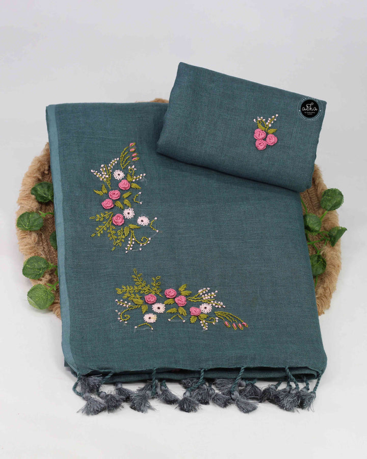 Ash Blue Pure Linen Saree with Floral Hand Embroidery
