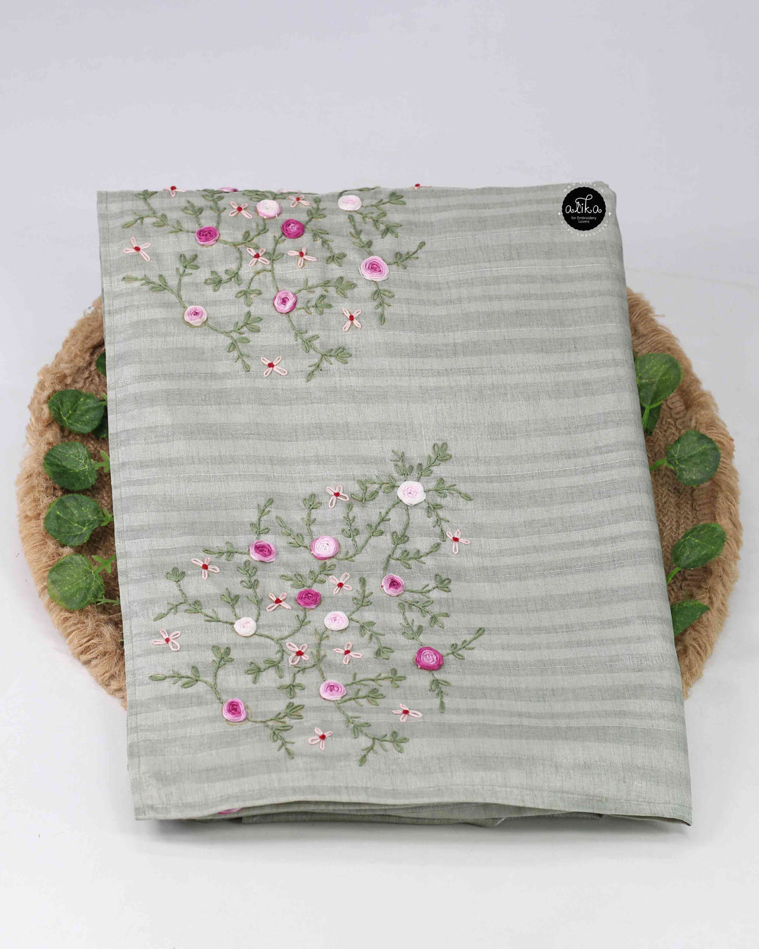 Gray Semi Silk Saree with Floral Hand Embroidery