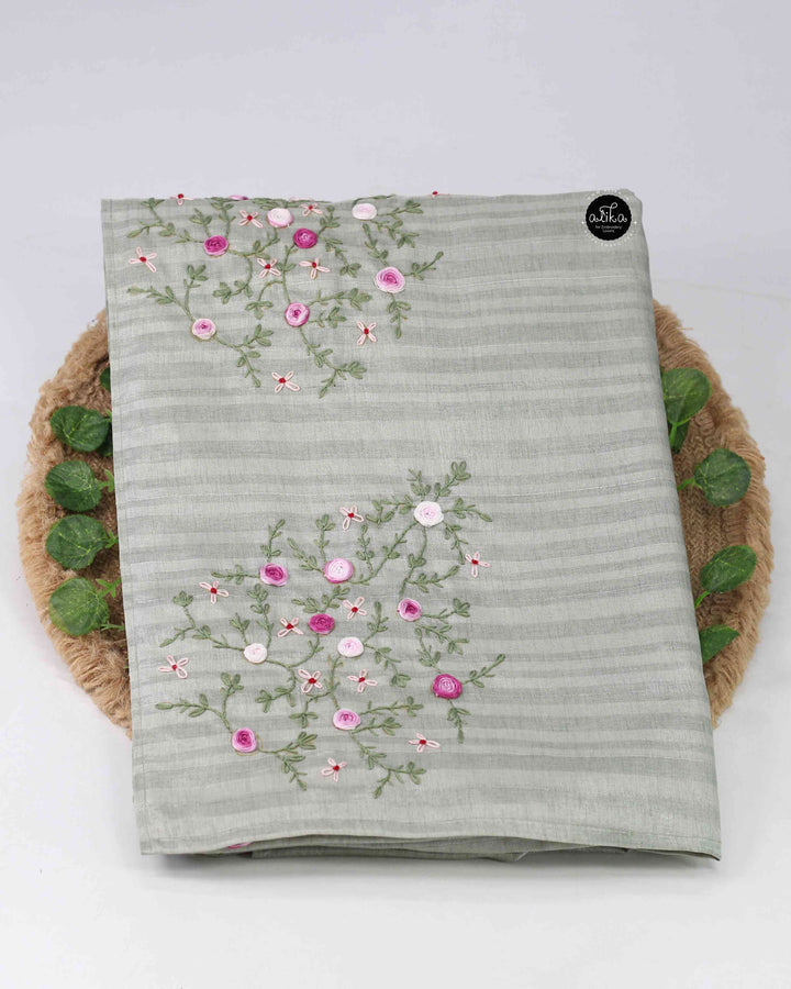 Gray Semi Silk Saree with Floral Hand Embroidery