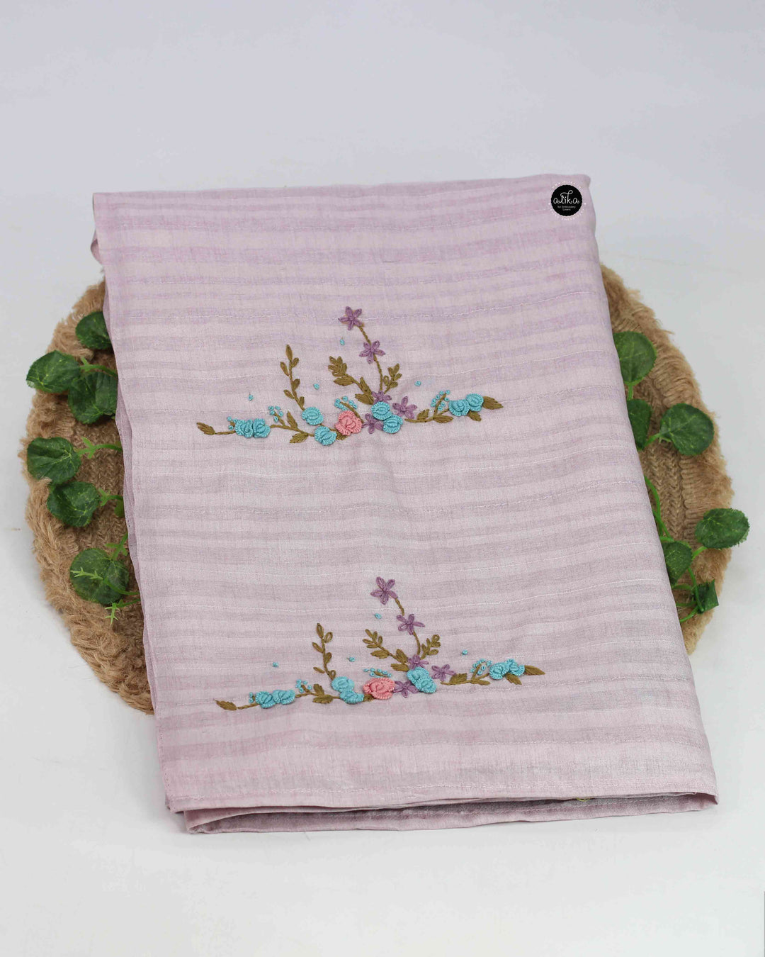 Lavender Designer Silk Saree with Floral Hand Embroidery