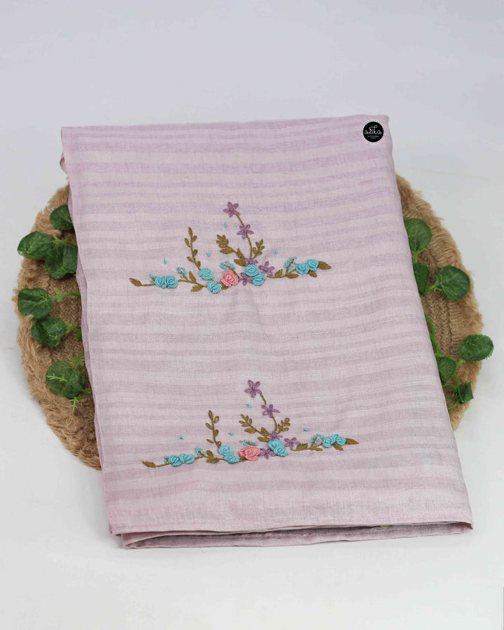Lavender Designer Silk Saree with Floral Hand Embroidery