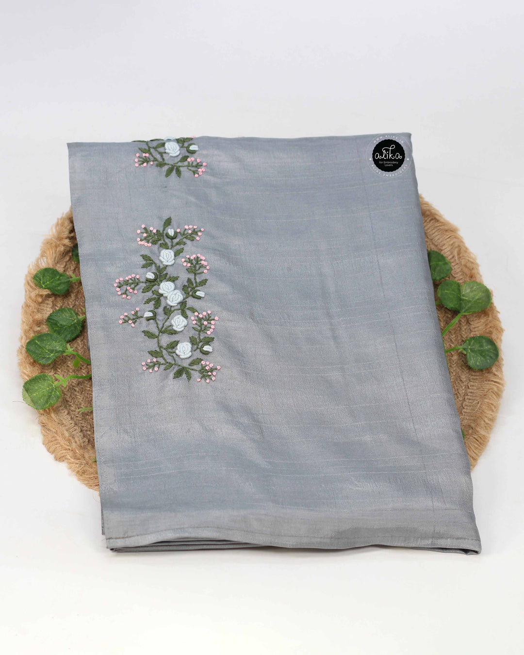 Gray Designer Silk Saree with Floral Hand Embroidery