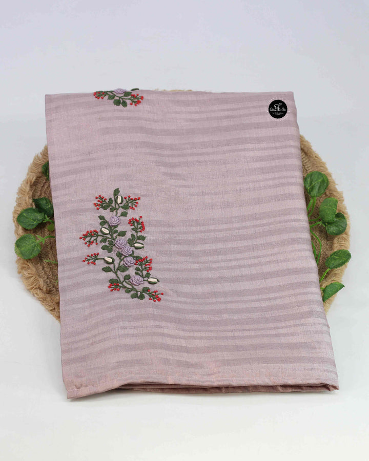 Lavender Gray Designer Silk Saree with Floral Hand Embroidery