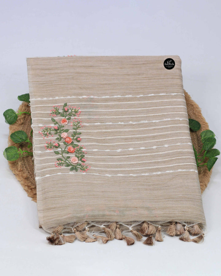 Champagne Beige Bamboo Silk Saree with Floral Hand Embroidery