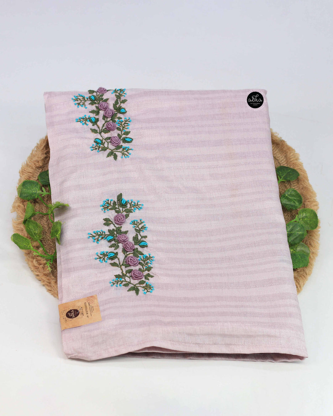 Lavender Designer Silk Saree with Floral Hand Embroidery