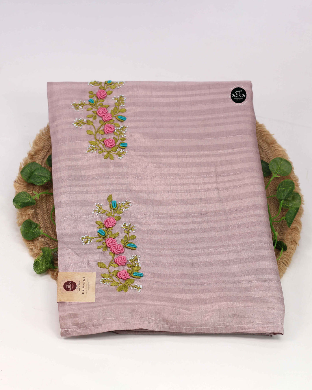 Lavender Designer Silk Saree with Floral Hand Embroidery