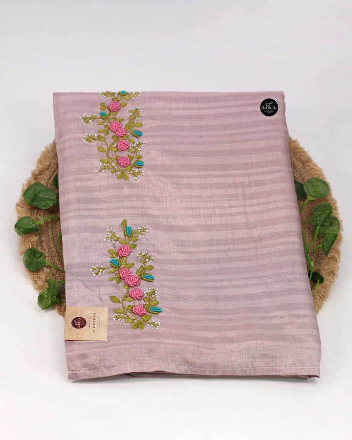 Lavender Designer Silk Saree with Floral Hand Embroidery