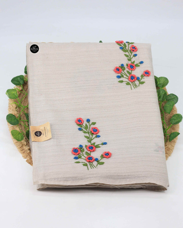 Light Gray Semi Silk Saree with Floral Hand Embroidery