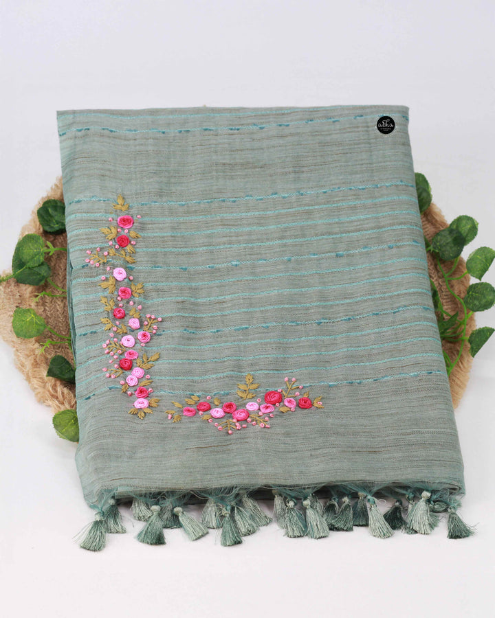 Ocean Green Semi Linen Saree with Floral Hand Embroidery