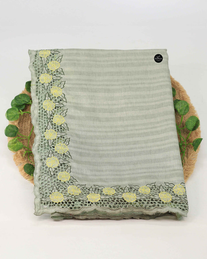 Sage Green Semi Silk Saree with Floral Cutwork Border