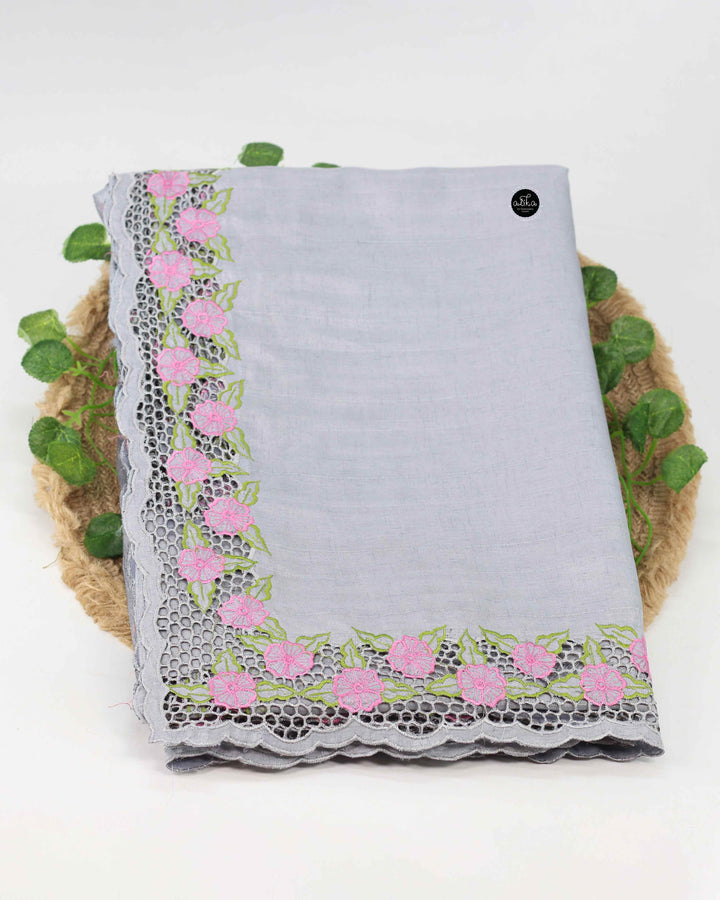 Light Gray Semi Silk Saree with Full Border Cutwork