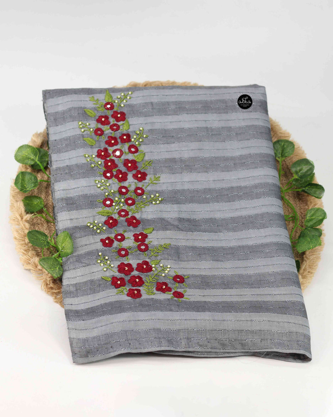 Gray Pure Tussar Silk Saree with Maroon Floral Hand Work &amp; Mirror Work