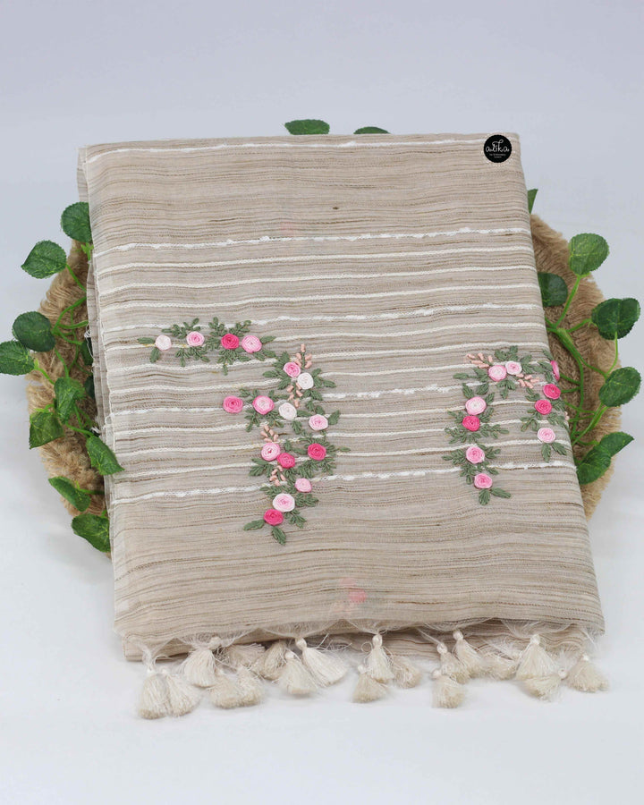 Beige Semi Linen Saree with Floral Hand Embroidery