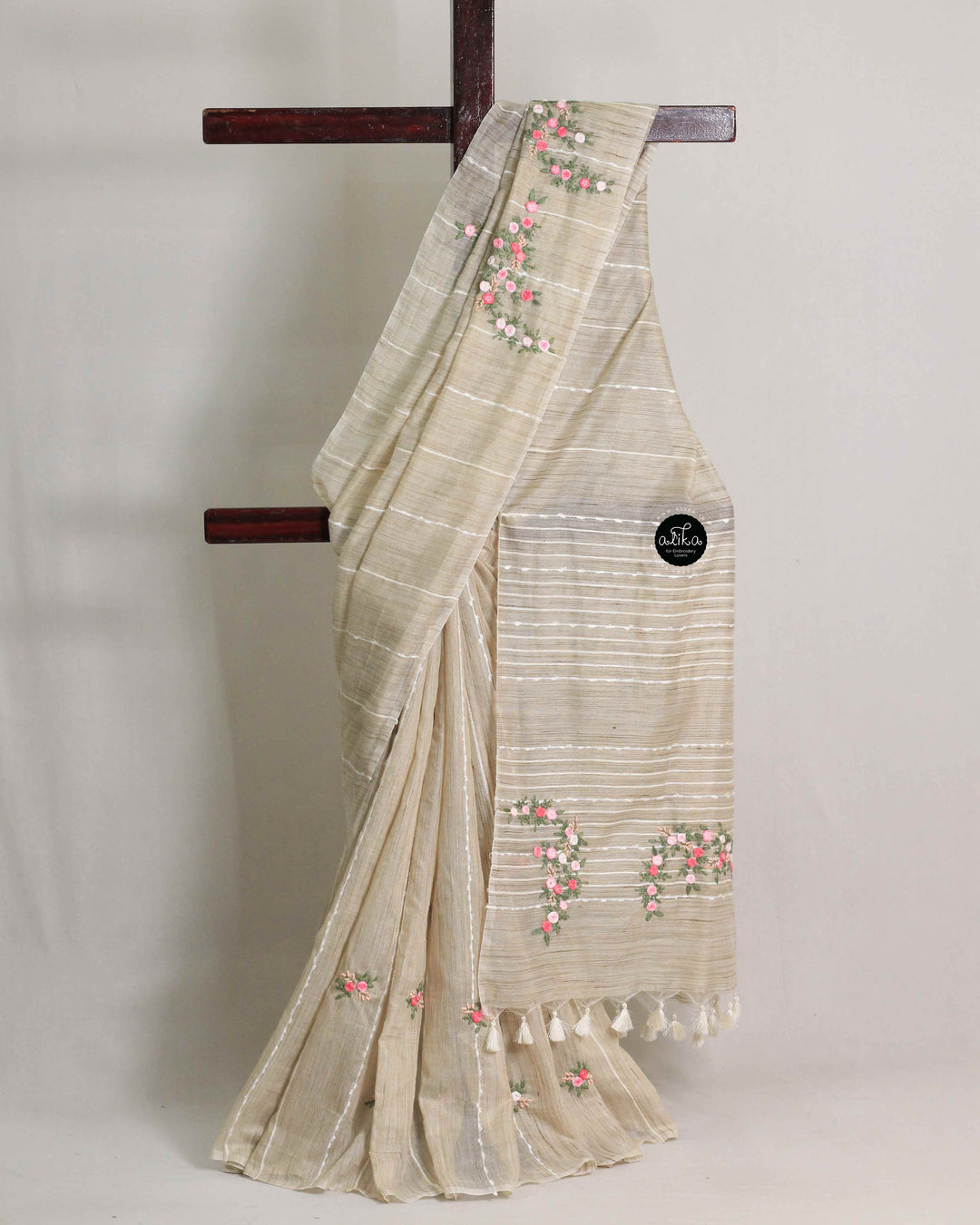 Beige Semi Linen Saree with Floral Hand Embroidery