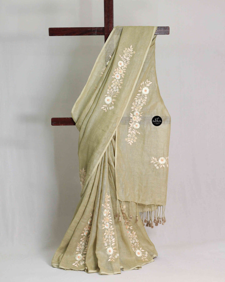 Light Olive Green Pure Linen Saree with Floral Embroidery