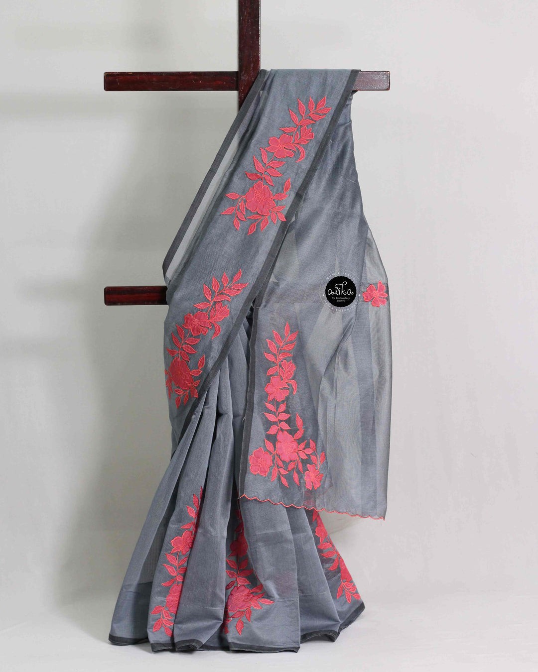Gray Kota Saree with Floral Applique Work