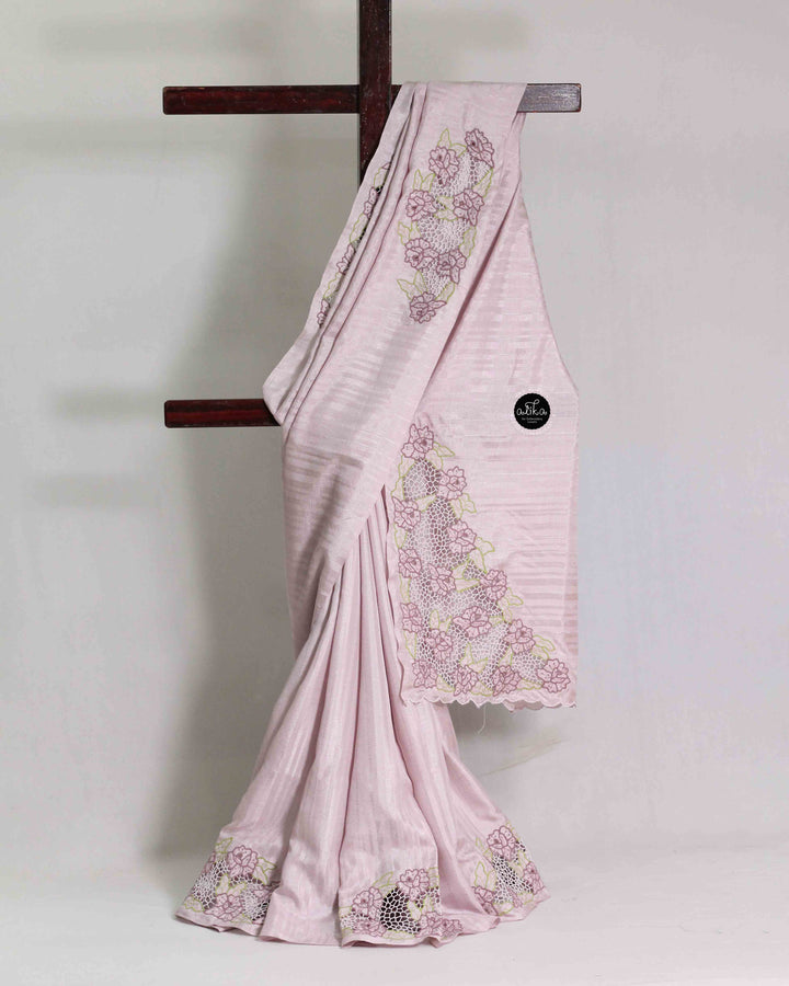 Lavender Semi Silk Saree with Floral Cutwork Embroidery