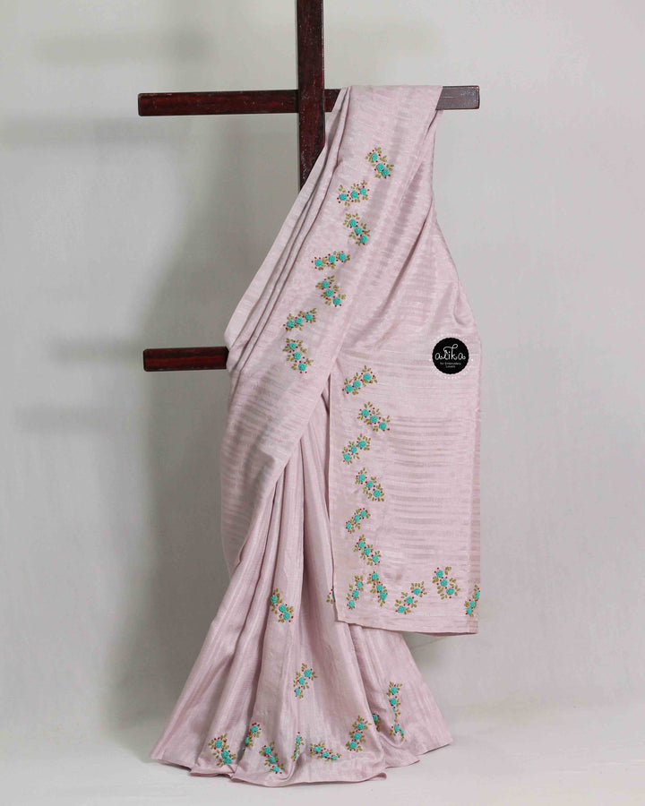 Lavender Semi Silk Saree with Floral Hand Embroidery