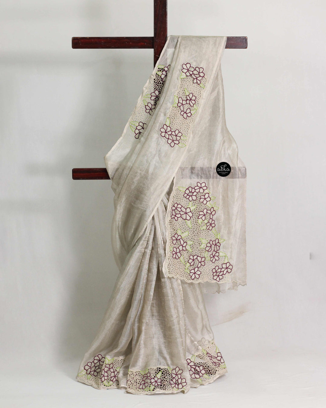Pure Silver Tissue Saree with Purple Floral Twine Cutwork