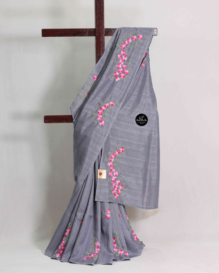 Gray Semi Silk Saree with Floral Hand Embroidery
