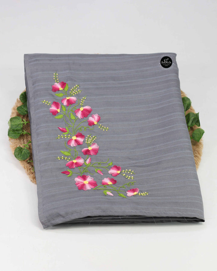 Gray Semi Silk Saree with Floral Hand Embroidery