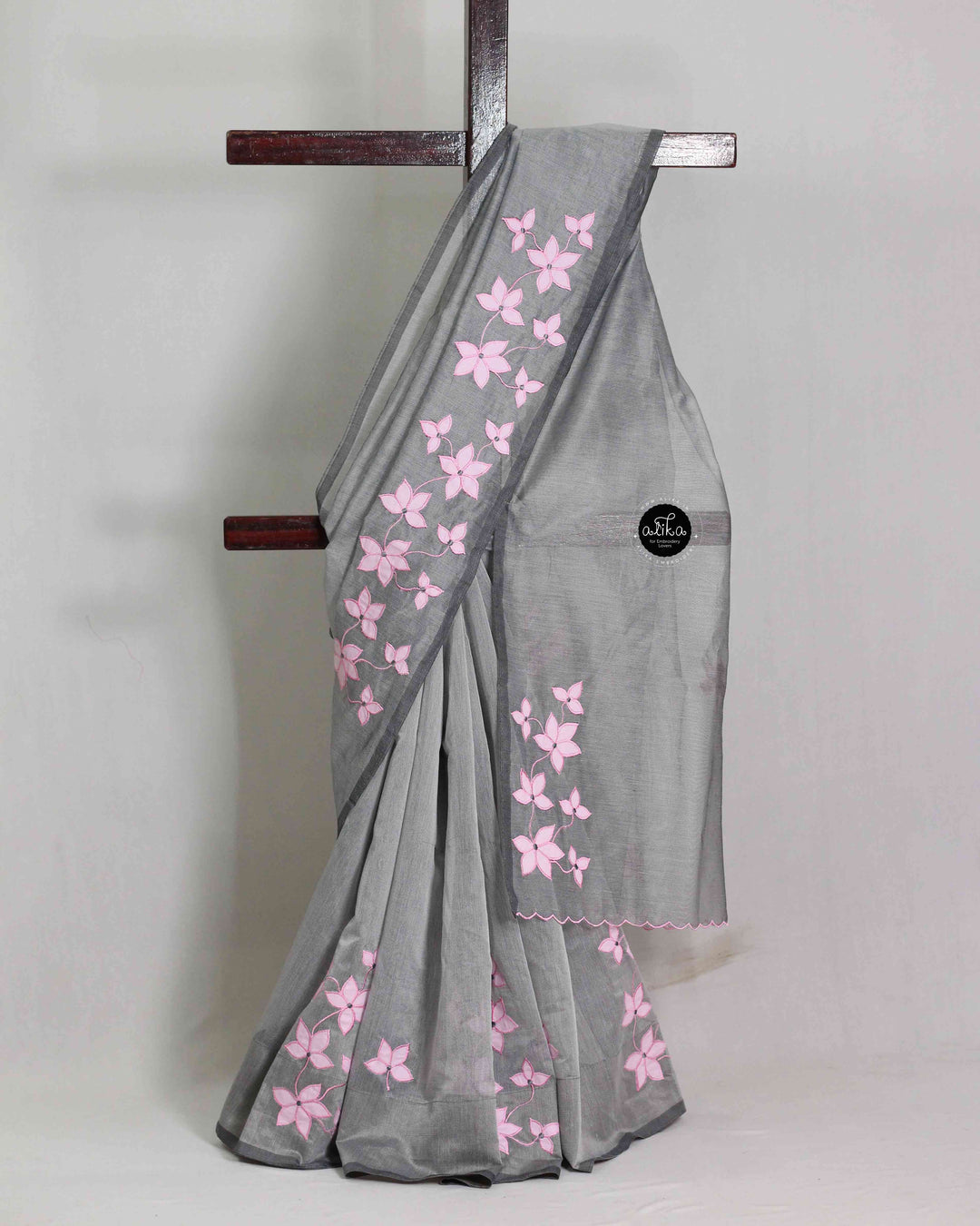 Light Gray Kota Saree with Floral Appliqué Work