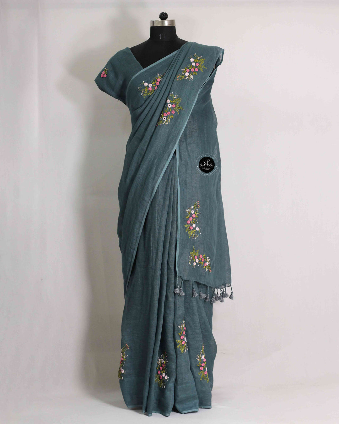 Ash Blue Pure Linen Saree with Floral Hand Embroidery