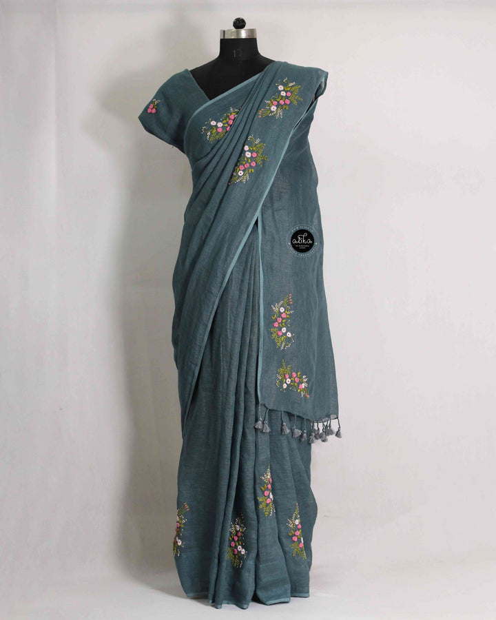 Ash Blue Pure Linen Saree with Floral Hand Embroidery