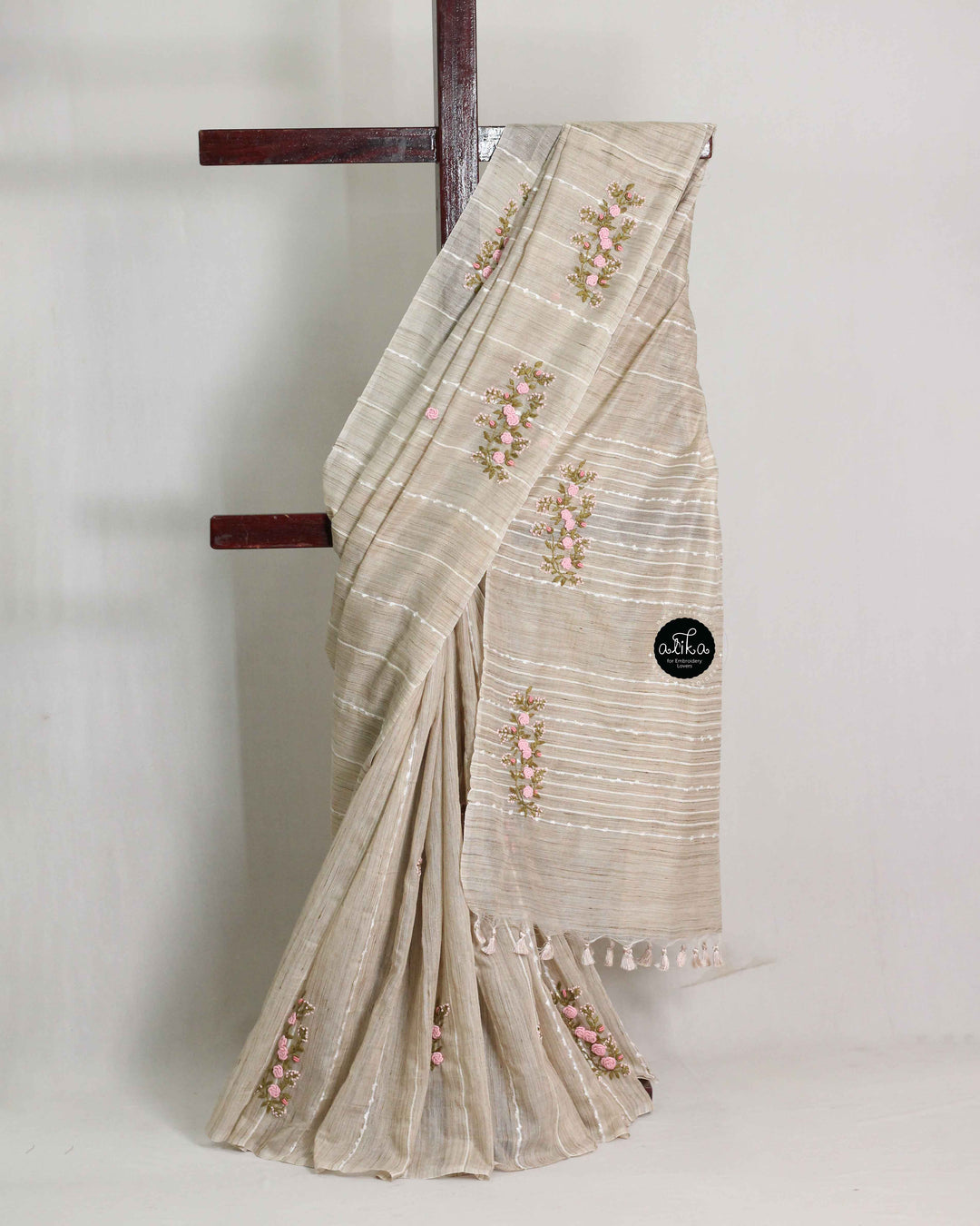 Champagne Beige Bamboo Silk Saree with Floral Hand Embroidery