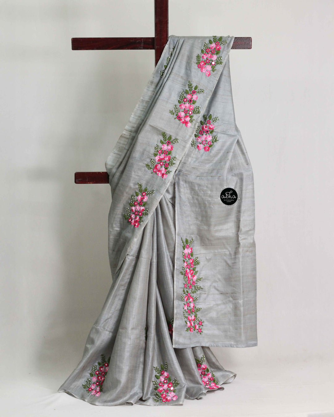 Ash Blue Tussar Silk Saree with Floral Hand Embroidery and Mirror Work