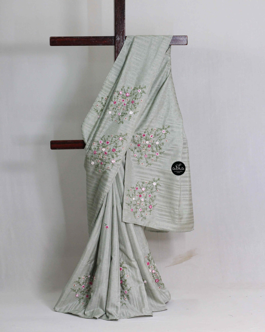Gray Semi Silk Saree with Floral Hand Embroidery