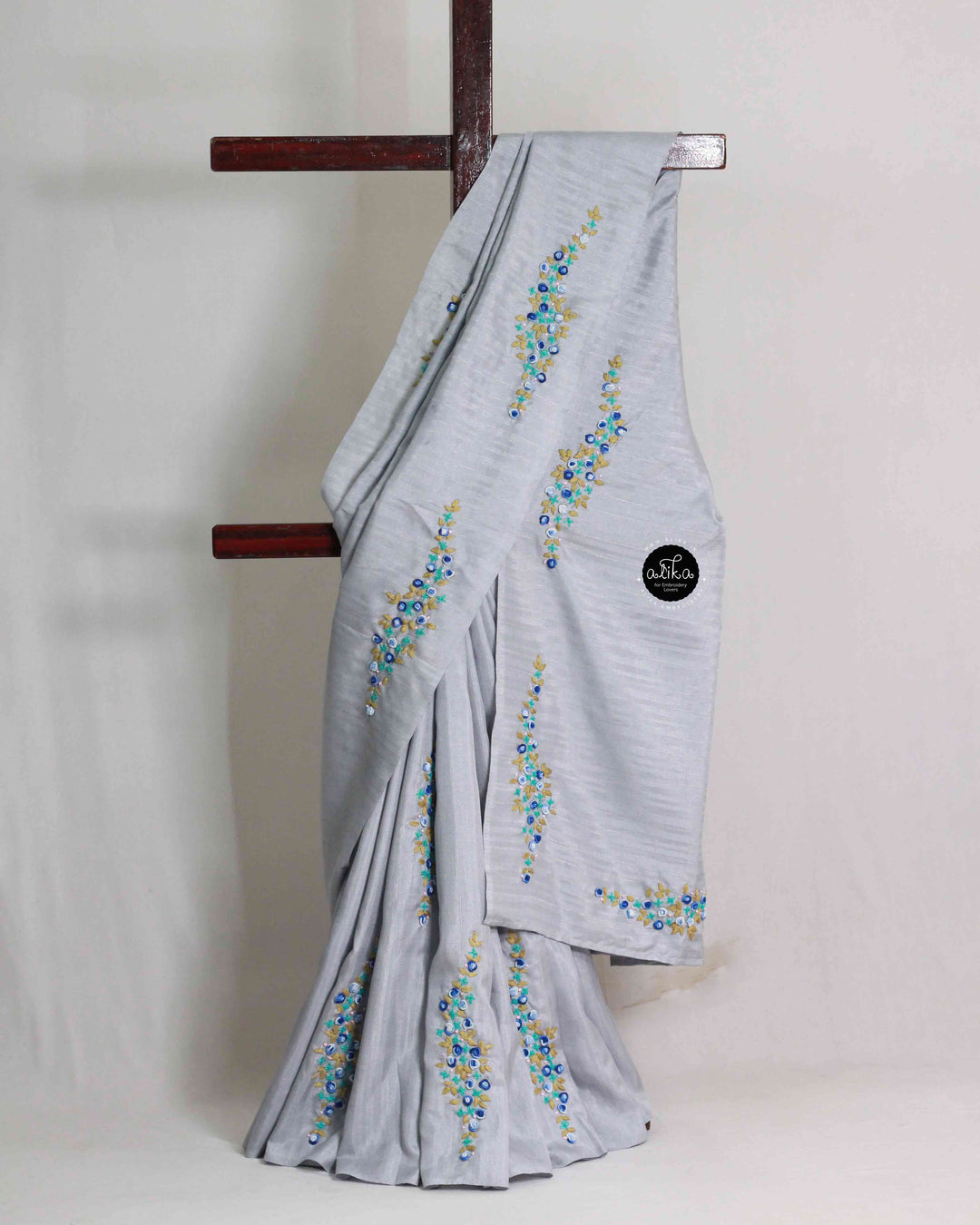 Light Blue-Gray Designer Saree with Floral Hand Embroidery