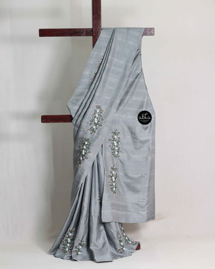 Gray Designer Silk Saree with Floral Hand Embroidery