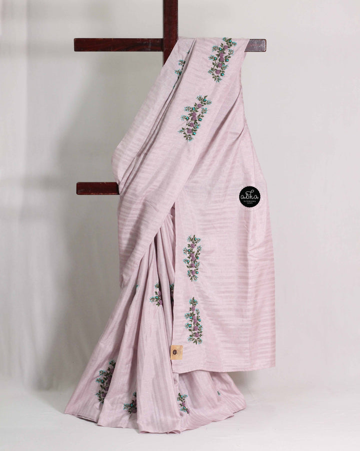 Lavender Designer Silk Saree with Floral Hand Embroidery