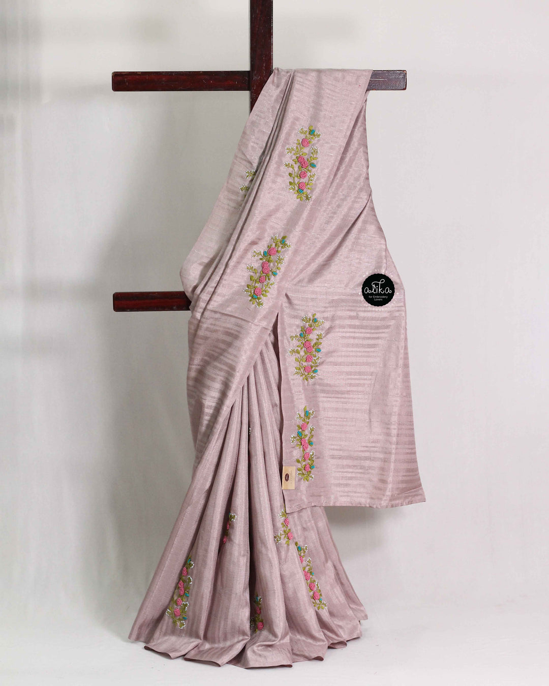 Lavender Designer Silk Saree with Floral Hand Embroidery