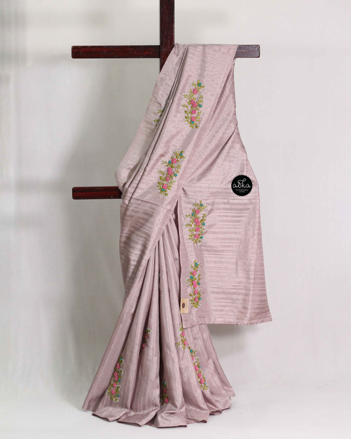 Lavender Designer Silk Saree with Floral Hand Embroidery