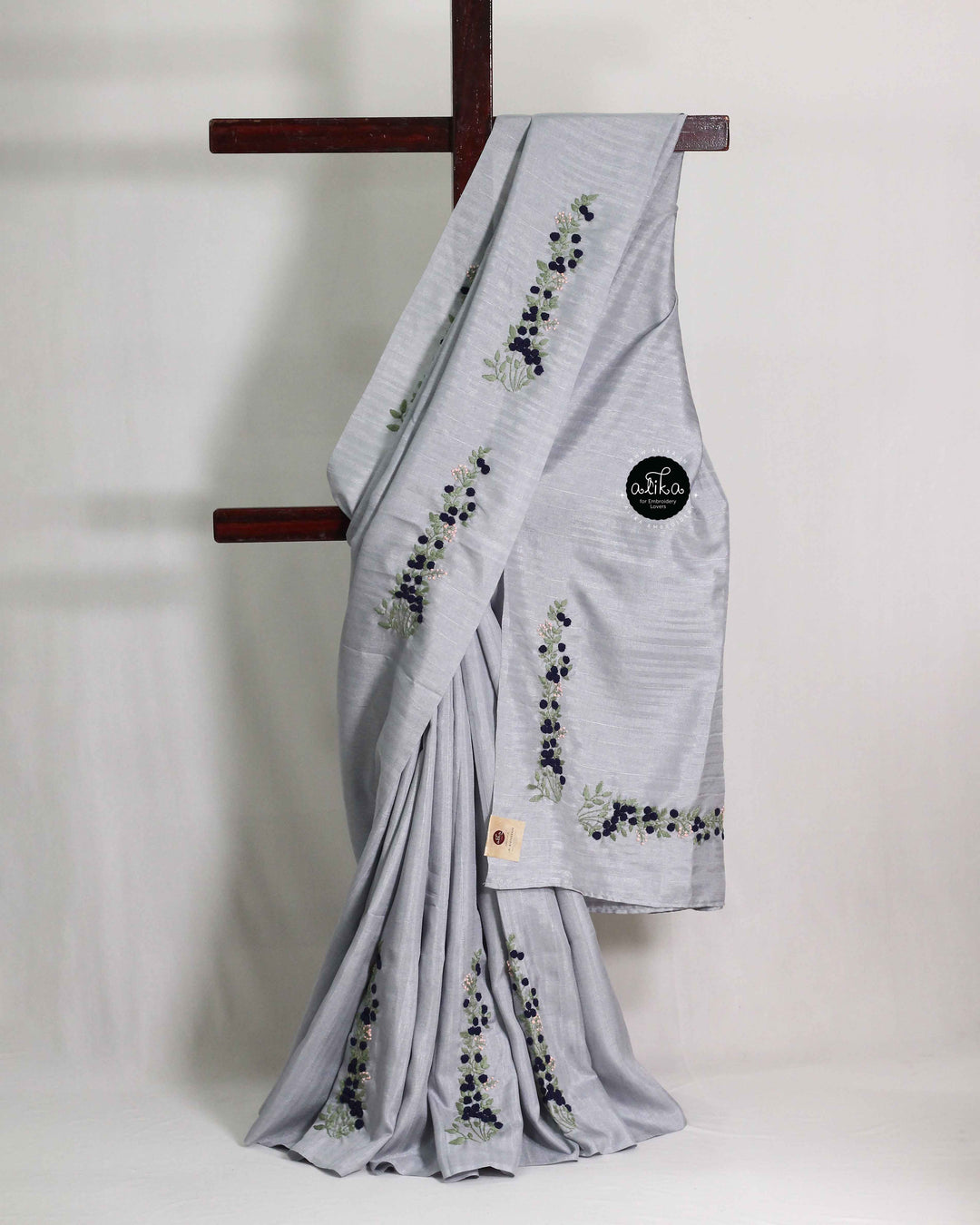 Light Blue Grey Designer Silk Saree with Floral Hand Embroidery