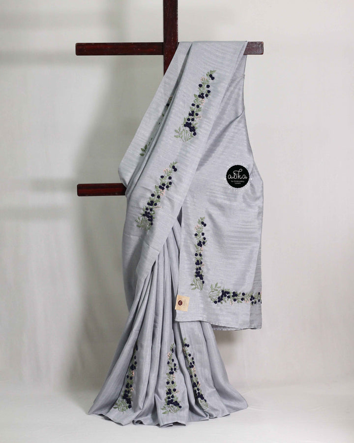 Light Blue Grey Designer Silk Saree with Floral Hand Embroidery
