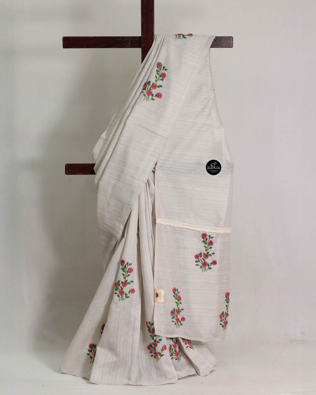 Light Gray Semi Silk Saree with Floral Hand Embroidery