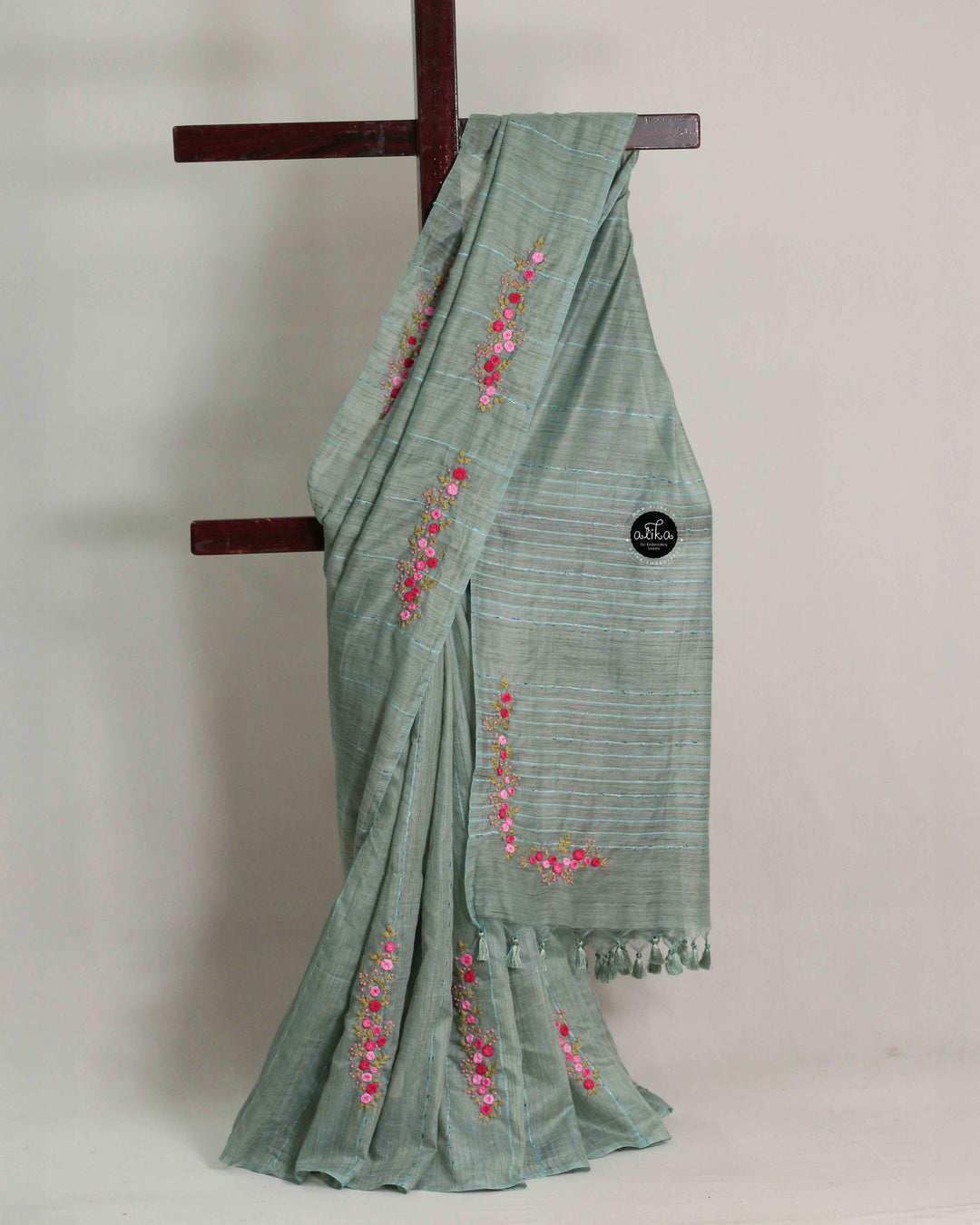 Ocean Green Semi Linen Saree with Floral Hand Embroidery