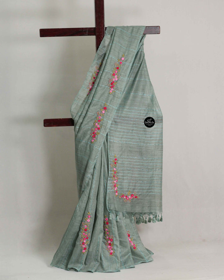 Ocean Green Semi Linen Saree with Floral Hand Embroidery