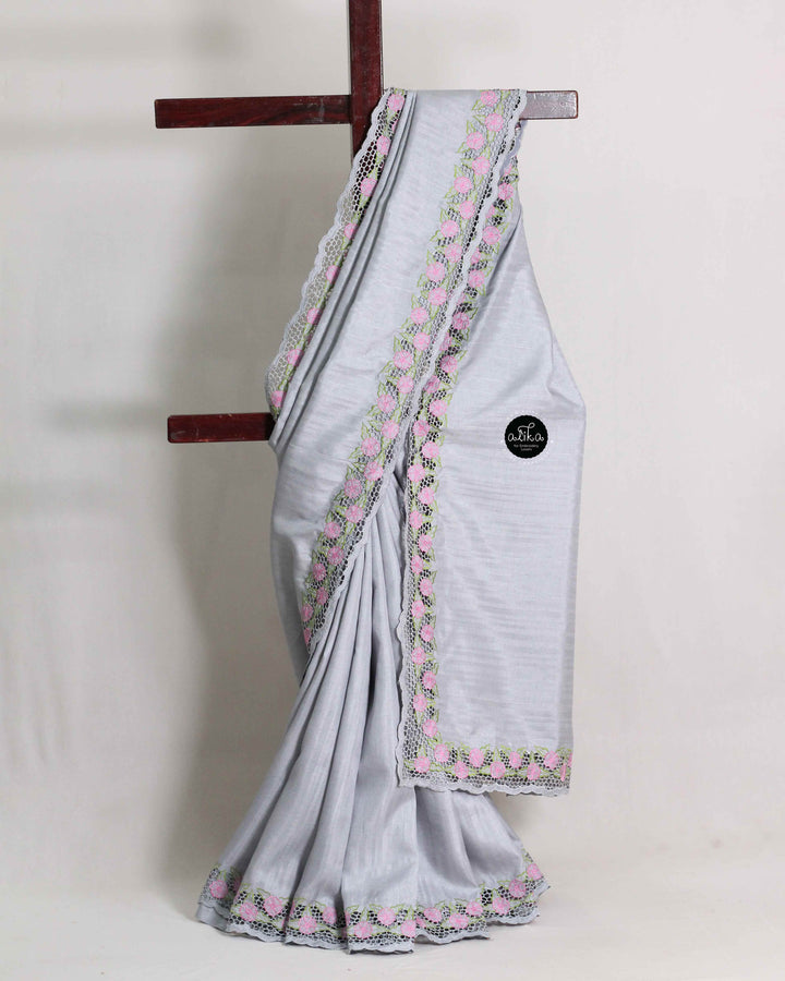 Light Gray Semi Silk Saree with Full Border Cutwork